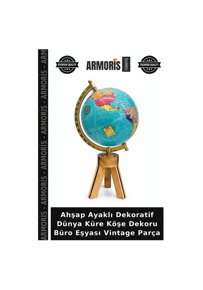 Ahşap Ayaklı Dekoratif Dünya Küre Köşe Dekoru Büro Eşyası Vintage Parça Çok Renkli