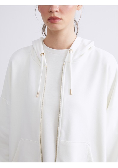 Lcw Vision Ekru Kapüşonlu Oversize Kadın Fermuarlı Sweatshirt