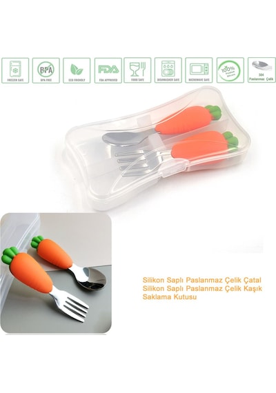 Jojobebek Kaşık Çatal Seti, Ergonomik Kısa Saplı Silikon, Paslanmaz Çelik Uçlu, Saklama Kutulu, (9-24 Ay) (HAVUÇ FİGÜRLÜ)