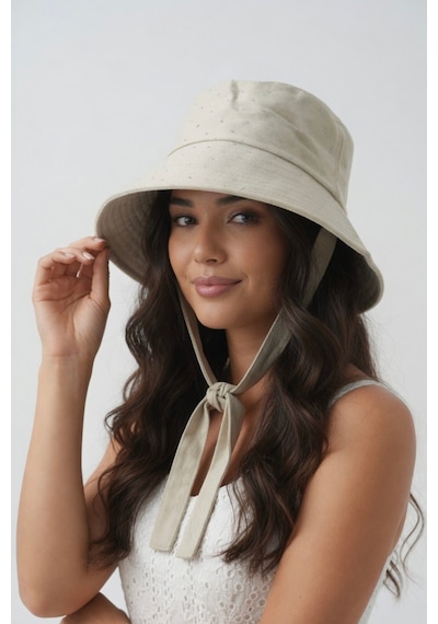 Mollycrush Kadın Bej Pırlanta Taşlı Bucket Şapka Işıltılı Bağlama Detaylı Gabardin Işıltılı Balıkçı Modeli Bej-krem