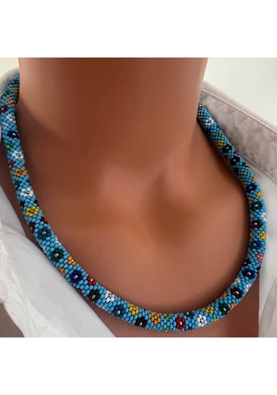 Chichibeads Mavi Papatya Desenli Kolye Bileklik Set Beyaz - Mavi