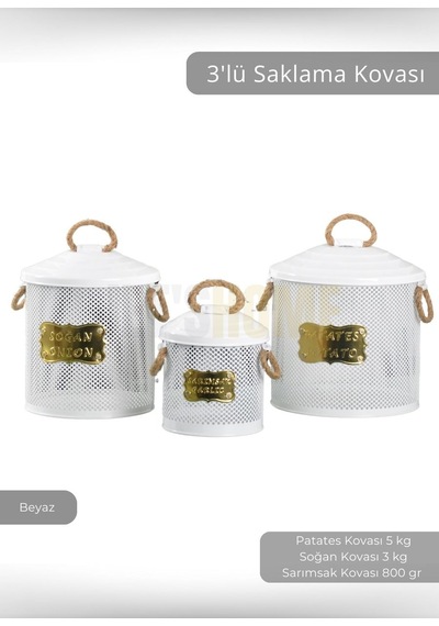 3'lü Set Sebzelik Metal Patates Soğan Sepeti Sarımsak Kovası Şık Organizer Beyaz Beyaz