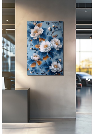 Çiçek Baskılı Cam Tablo Mavi Beyaz Floral Desenli Şık Dekoratif Duvar Tablosu