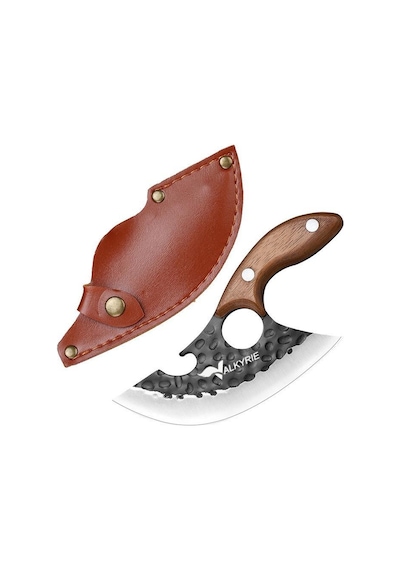Valkyrie Outdoor Kamp Et Sebze Doğrama Satırı Kılıflı Bıçak Ahşap Saplı Çok Amaçlı Kahverengi