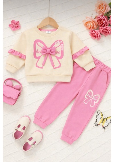 Beka Kids Kız Çocuk Kurdele Detaylı Siyah Sweatshirt Pantolon Alt Üst Takım Pembe