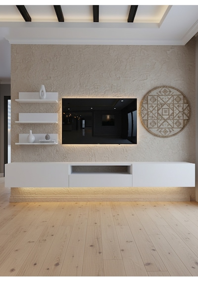 Resital Ledli Duvara Monte Tv Sehpası - Beyaz - W6018-1 Beyaz