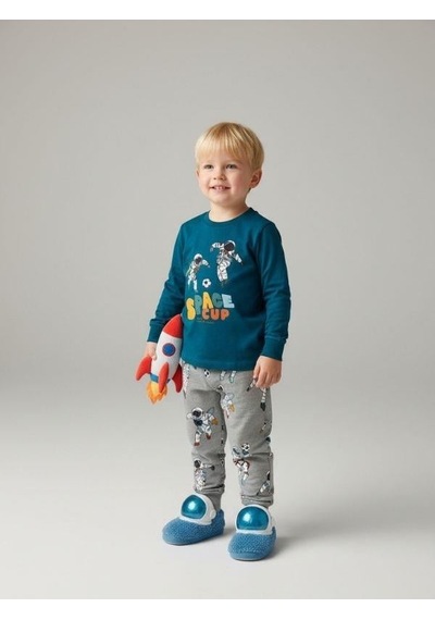Zekids Erkek Çocuk Space Up Astronot Baskılı Uzun Kollu Pijama Takımı-16843 Yeşil