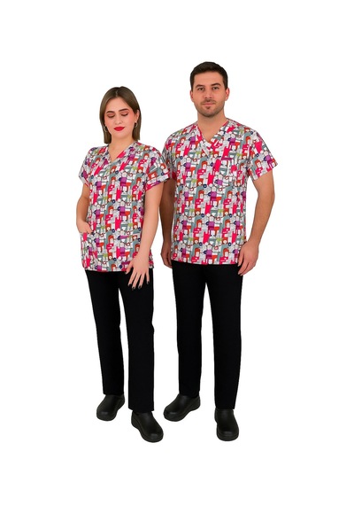 Unisex Renkli Köpekler Desenli Likralı Veteriner Doktor Hemşire Scrubs Üniforma Takımı Çok Renkli