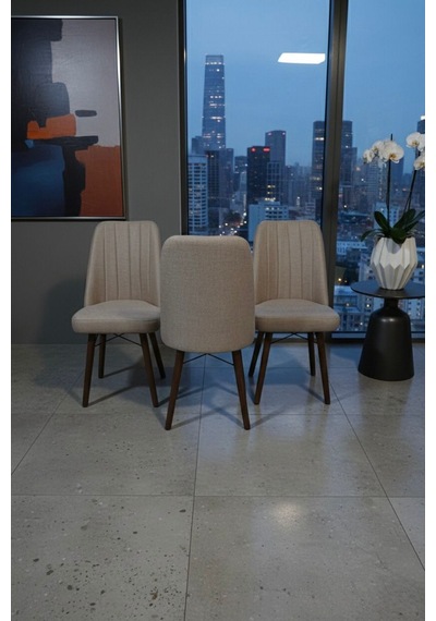 Nora 3 Adet Sandalye - Keten Kumaşlı Sandalye Modern Ahşap Ayaklı Yemek & Çalışma Sandalyesi Minimal Tasarım Cappuccino