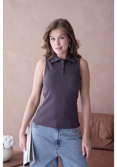 Park Karon Polo Yaka Kolsuz Basic T-shirt Füme