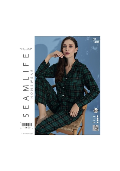 Seamlife Kadın Yeşil Ekose Uzun Kol Dokuma Gömlek Pijama Takımı Ekose