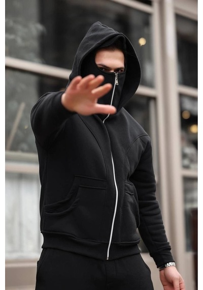 Erkek Maskeli Ninja Model Çift Kapüşonlu 3 İplik Şardonlu Fermuarlı Sweatshirt - Siyah