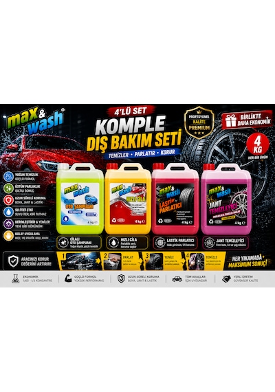 Max&wash 4'lü Komple Dış Bakım Seti 4x4 Kg Cilalı Oto Şampuan + Hızlı Cila + Lastik Parlatıcı + Jant Temizleyici Profesyonel Araç Bakım Seti