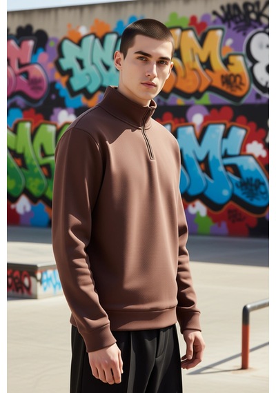Benerly Erkek Dik Yaka Fermuarlı %100 Pamuk Regular Sweatshirt Fonksiyone Kahverengi
