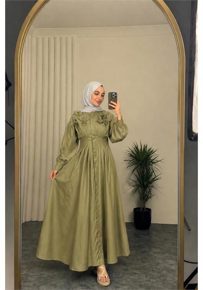 Neşeli Butik Kadın Yeşil Belden Oturtmalı Çiçek Detaylı Premium Tesettür Elbise Nbvq4933