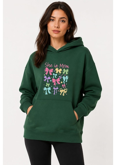 Herkesemoda Renkli Kurdeleler Baskılı Kapüşonlu 2 İplik Şardonlu Sweatshirt Yeşil
