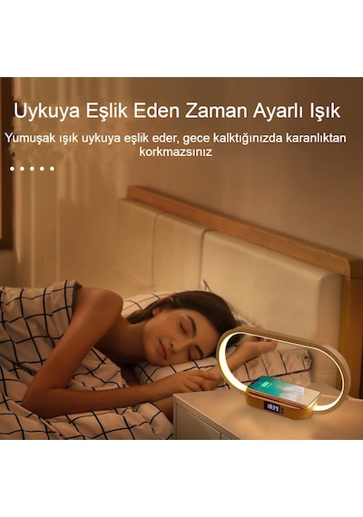Kablosuz Şarj Paneli Led Işık Ahşap Fonksiyonlu Masa Lambası Şarj