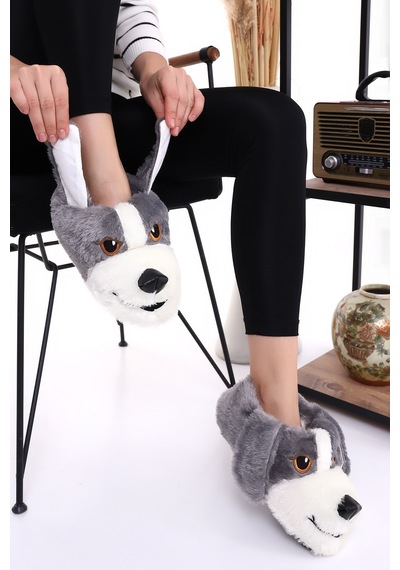 Wordex Hayvanlı H10 Köpekli Kışlık Kadın Erkek Çocuk Panduf Ev Içi Sessiz Taban Panduf Gri