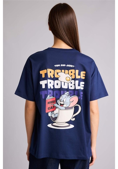 Defacto %100 Pamuk Tom & Jerry Oversıze Bisiklet Yaka Sırt Baskılı Kısa Kollu Tişört H4193ax26aunv241 Lacivert-nv241