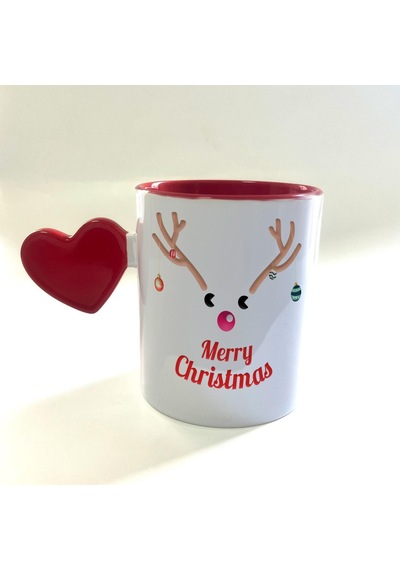 Merry Christmas Geyik Baskılı Dolu Kalp Kulplu Mega Yılbaşı Kupası