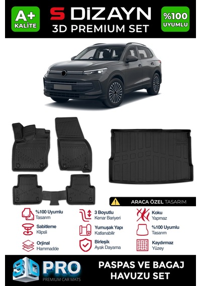 S-dizayn Vw Tiguan 3d Pro Havuzlu Paspas Ve Bagaj Havuzu Seti 2'li Set 2024 Üzeri A+ Kalite