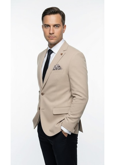 Plus Scorpion Erkek Slim Fit Ceket Likralı Fitilli Kumaş, Çift Düğmeli Tek Yırtmaçlı Modern Tasarım Vizon