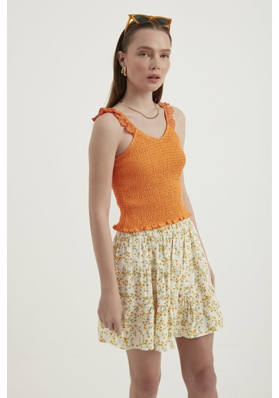 Hiccup V Yaka Fermuarlı Crop Top Turuncu