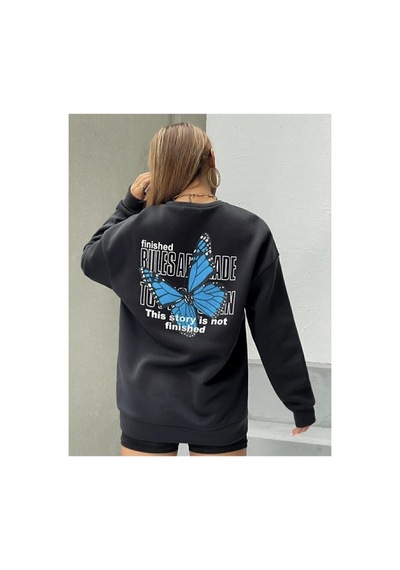 Blackjack Giyim - Blackjackgiyim Kadın Siyah Oversize Mavi Kelebek Baskılı Bisiklet Yaka siyah