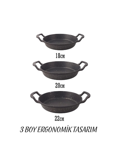 3'lü Döküm Sahan Seti, 3'lü Yumurta, Omlet Tavası, 3 Boy Döküm Siyah Granit Sahan Tava 22cm-20