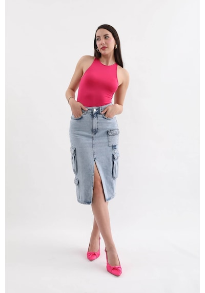 Banny Jeans Kadın Kargo Cepli Önden Yırtmaçlı Jean Etek Buz Mavi 001