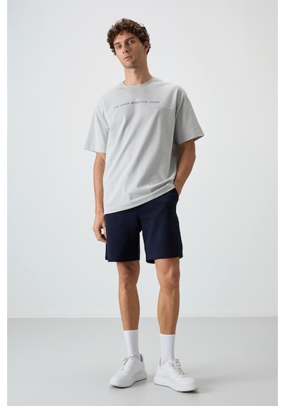 Air Jones Tommy Life Taş Pamuklu Kalın Yüzeyi Dokulu Oversize Fit Baskılı Erkek T-shirt - 88371 Taş