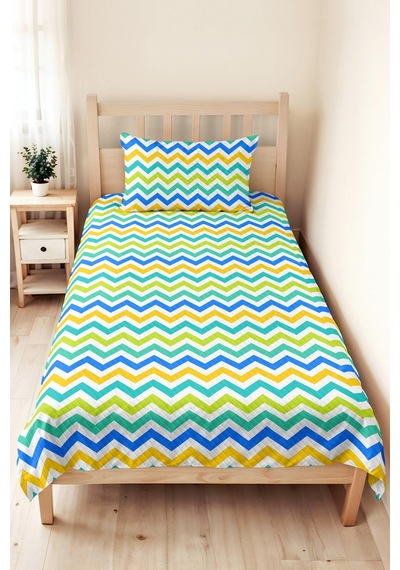 Mavi Zigzag Geometrik Genç Odası Tek Kişilik Pike Takımı - Renkli 160x220 Cm Kapitone Yatak Örtüsü Bohem Kil Kabuğu