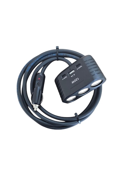 Araç Çakmak Uzatma Kablosu Çakmaklık Çoklayıcı Usb, Type-c Çıkışlı 12 Volt 10 Amper 120 Wat 2 X1,5mm Ttr Bakır 2 Mt-siyah-yk-ot732