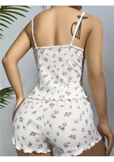 Veraura Lifestyle Kadın Pamuklu Beyaz Üstüne Çiçek Desen Fitilli Askılı Şortlu Pijama Takımı