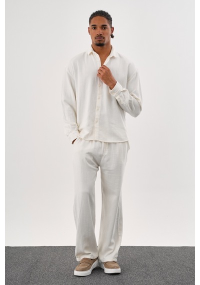 Flare Kışlık Baggy Pantolon Oversize Gömlek Alt Üst Takım %100 Pamuk Beyaz