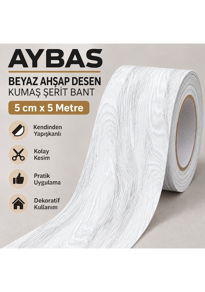 Aybas 5 Cm X 5 Metre Beyaz Ahşap Desenli Kumaş Yapışkan Bant Mobilya Kaplama Ve Tamir Şeridi 5 Cm X 5 Metre - Beyaz Ahşap Desen