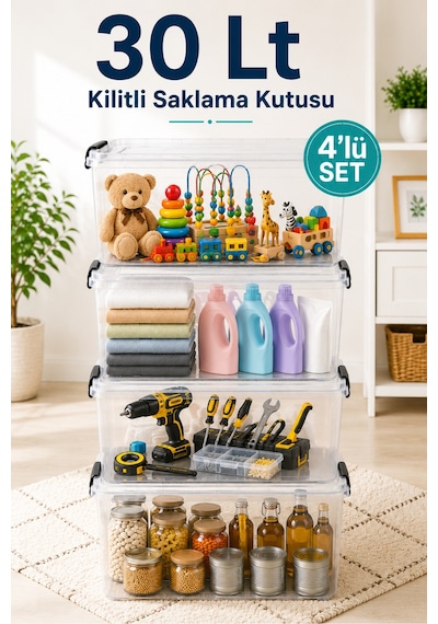 2'li Set 30 Lt Kilitli Saklama Kutusu Çok Amaçlı Kiler Erzak Hırdavat Oyuncak Düzenleyici Organizer