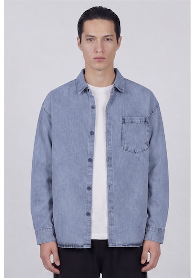 Sabri Özel Erkek Buz Mavisi Normal Kesim Regular Fit Pamuk Torba Cep Uzun Kollu Denim Ceket Gömlek Açık Mavi