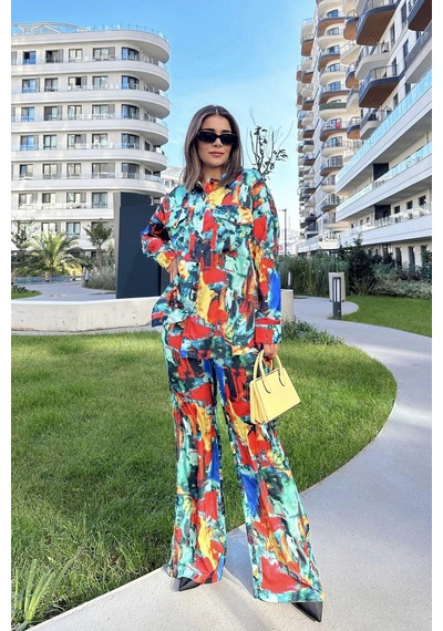 WeShaya Kadın Multi Color Çift Cepli Gömlek & Bol Paça Pantolon - Salaş Alt & Üst Takım Çok Renkli WeShaya Kadın Multi Color Çift Cepli Gömlek & Bol Paça Pantolon - Salaş Alt & Üst Takım Çok Renkli