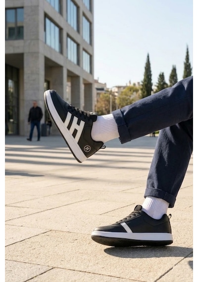 Papuç Sepeti 037 Erkek Rahat Taban Sneakers Spor Ayakkabı SİYAH-BEYAZ