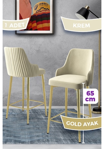 Canisa Tera Serisi 1 Adet Babyface Kumaş 65 Cm Gold Kaplama Ayaklı Krem Bar Sandalyesi Krem Sandalye Gold Kaplama Ayak