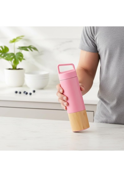 600 Ml Bambu Tabanlı Kulplu Çelik Termos Mug - 5 Renk Seçenekli Sıcak/soğuk Tutucu Seyahat Bardağı Pembe Çok Renkli