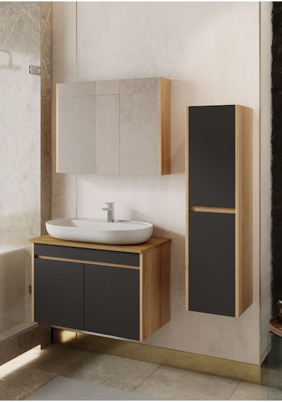 Karen Banyo Luna 80 Cm Tezgahlı, Aynalı Banyo Dolabı Seti, Seramik Lavabo Dahil Sonoma - Antrasit Karen Banyo Luna 80 Cm Tezgahlı, Aynalı Banyo Dolabı Seti, Seramik Lavabo Dahil Sonoma - Antrasit