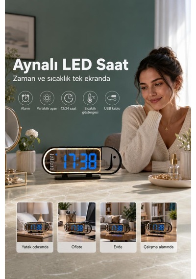 Sıcaklık Göstergeli Ayna Görünümlü Led Dijital Masa Saati Alarm Özellikli Diğer