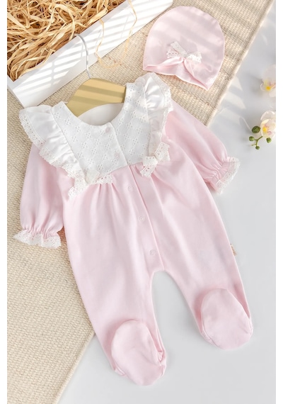 Babymod Dantel Süslemeli Pamuklu Kız Bebek Tulum Krem
