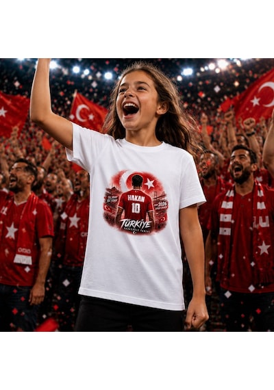Bk Gift Kişiye Özel Türkiye Taraftar Temalı 2026 Dünya Kupası Tasarımlı Çocuk Tişört-1, Tek Yürek Milli Takım Ruhu Beyaz