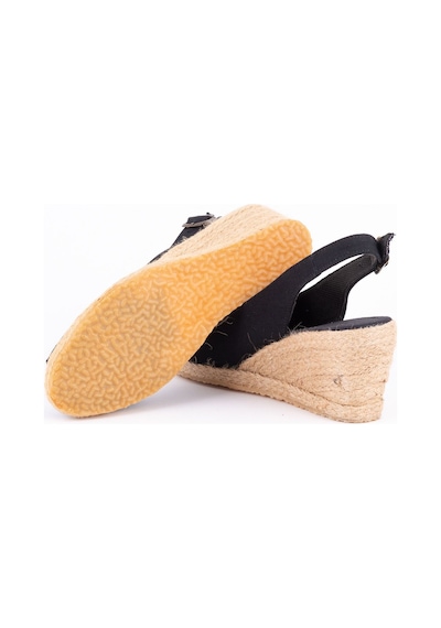 Star Tombis Gerçek Elişi Burnu Açık Arkası Bantlı Dolgu Topuk Siyah Keten Hasır Espadril Handmade Siyah