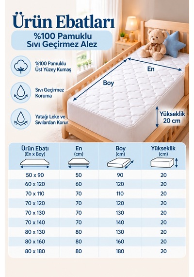 Sıvı Su Geçirmez %100 Pamuklu Alez Bebek Çocuk Yatak Koruyucu Park Beşik Kreş Anaokulu Alt Islatma 70x130