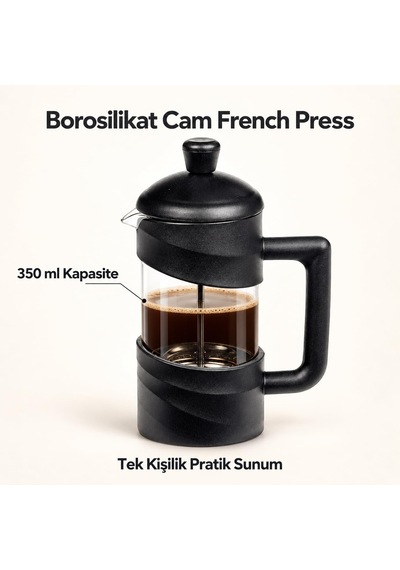 Borosilikat Cam French Press 350 Ml, Siyah Kulplu Piston Filtreli Kahve Ve Bitki Çayı Demleme Aparatı, Manuel Kahve D Diğer