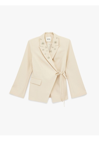 Koton Uzun Kollu Cepli Bağlama Detaylı Taşlı Blazer Ceket Ekru 6sak50065uw Ekru